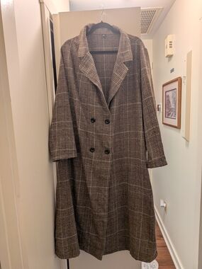 SHEIN Brown Plaid Double-Breasted Trench Coat